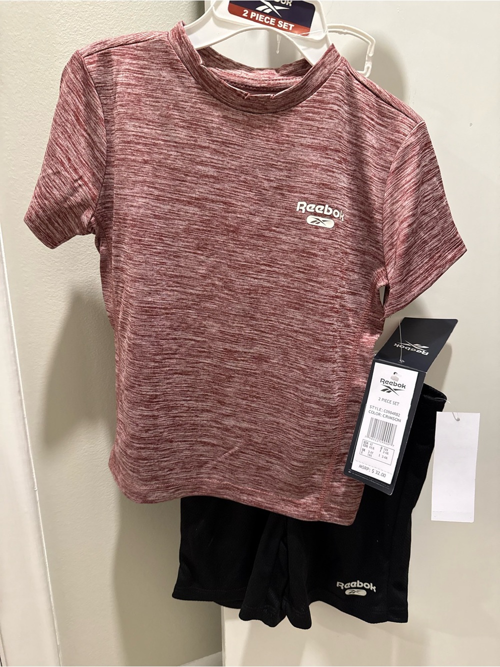 NWT Reebok Kids 2-piece Short Sleeve Heathered ed Top/Black Shorts